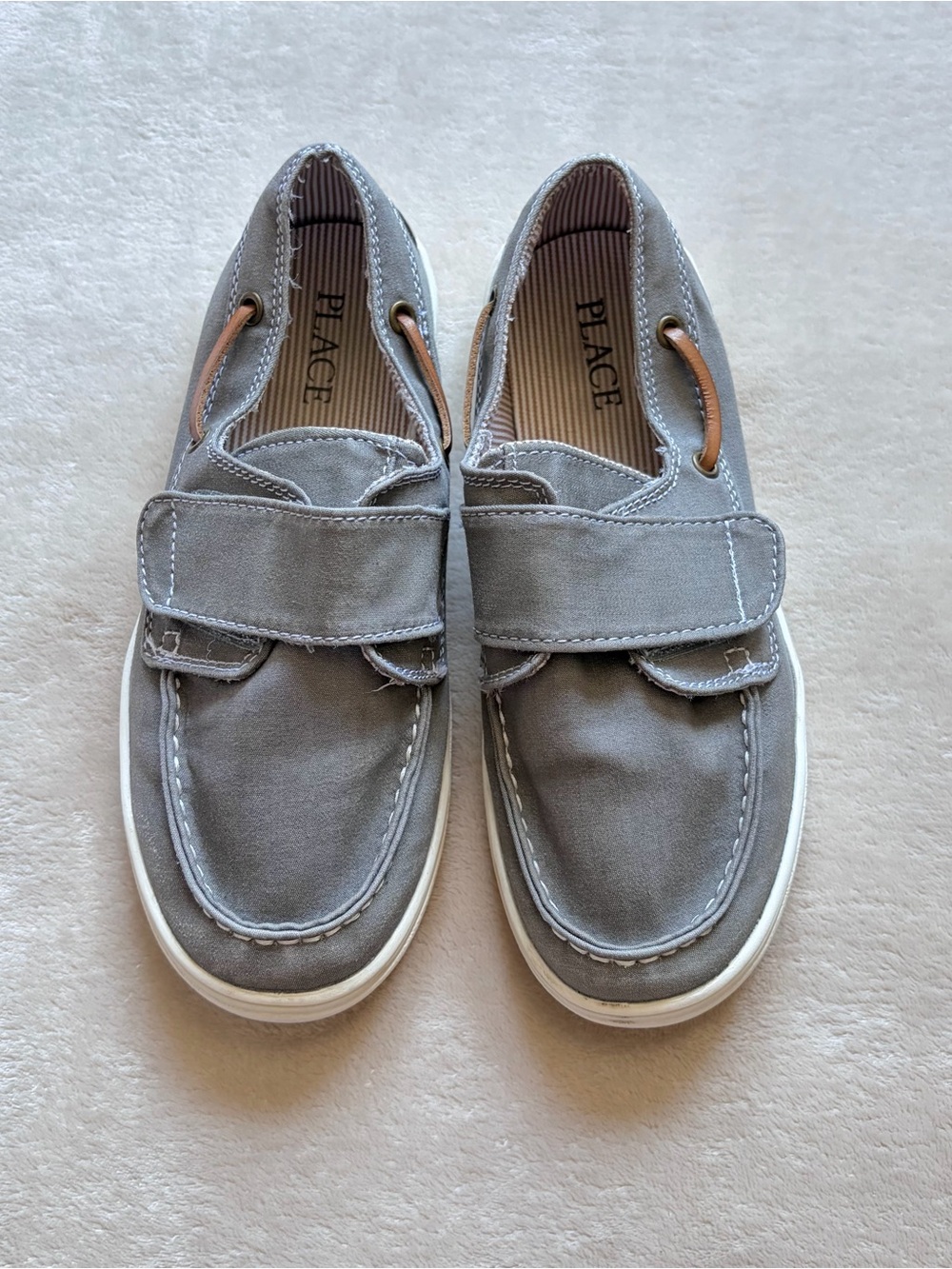 Children's Place Boys Gray Loafers - Slip On Boat Shoes W/ Velcro Strap, Size 3